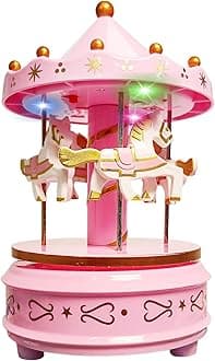 WEofferwhatYOUwant Pink Carousel Music Box with 4 Rotating Horses – Music for Elise, Colourful LED Lights, Height 18 cm – Girl Gift, Cake Decoration, Manual Winding Without Batteries, Indoor Use