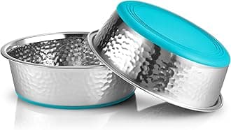 URBUDDIES 2 Pack Hammered Stainless Steel Dog Bowls, 11 Cup, Turquoise Bottom