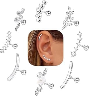 8 PCS 16G Cartilage Earrings Helix Piercing Jewelry for Women Stainless Steel Opal CZ Conch Daith Tragus Piercing Jewelry Flower Snake Leaf Screw Back Stud Earrings Set