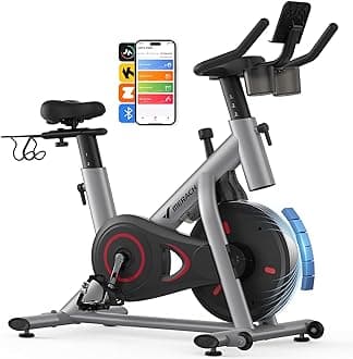Exercise Bike, Brake Pad Stationary Bike with Exclusive App, Low Noise Indoor Cycling Bike with 300lbs Weight Capacity, Tablet Mount and Fitness Courses for Weight Loss