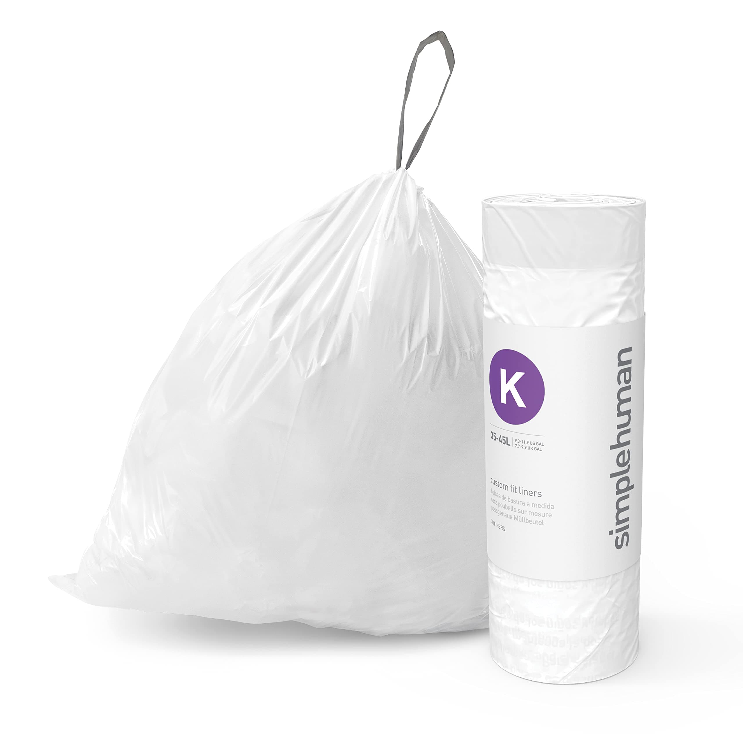 simplehuman CW0412 Code K Custom Fit Bin Liner Bulk Roll Pack, White Plastic (8 Roll Pack of 30, Total 240 Liners)