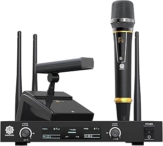 DIGIMORE UHF Wireless Conference Microphone | Desktop Microphone with One Handheld Microphone | 60 Channels | 300 Feet Range | Meetings, Streaming Lectures, Wedding, Social Events (D-630)