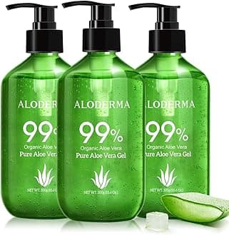 Aloderma99% Organic Aloe Vera Gel Made Within 12 Hours Of Harvest - Pump Bottle - Lightweight Aloe Gel For Face And Body, Soothing And Hydrating Sunburn Relief, Great For Scalp & Hair, 3Btls X 10.6Oz