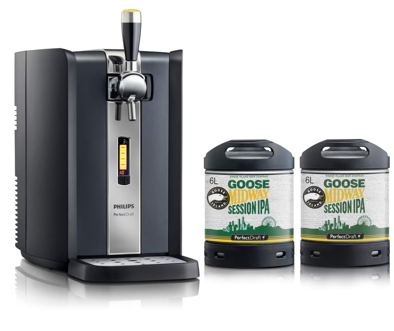 Beer dispense machine PerfectDraft 6-litre Starter Bundle. Includes 2 x 6L kegs of Goose Island Midway IPA (Session IPA)