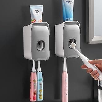 Automatic Toothpaste Dispenser Toothbrush Holder 2 in 1 Set with Super Sticky Suction Pad Wall Mounted Kids Hands Free Toothpaste Squeezer for Family & Kids Shower Washroom Bathroom (Gray)