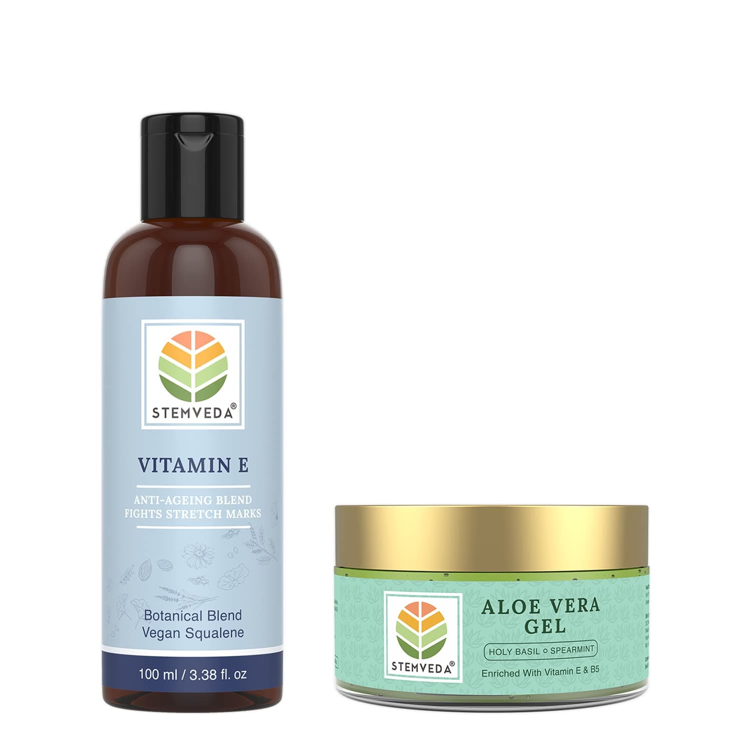 STEMVEDA Stretch Marks and Scar Reduction Kit (Combo Pack of 2) | Contents: Botanical Vitamin E Serum 100 ml, Aloe Vera Gel (Holy Basil Spearmint) 110 g