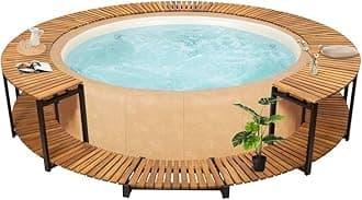 Solid Acacia Wood Spa Surround Outdoor Massage Hot Tub Frame with Steps and Storage Compartment for Garden, Backyard, Patio Indoor Outdoor Use 107.5"x107.5"x20.9" -AA