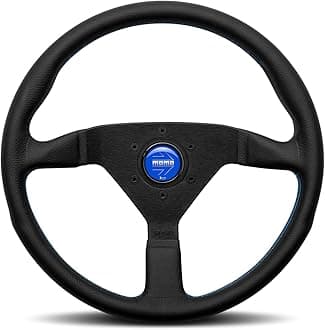 MOMO Motorsport Montecarlo Street Steering Wheel, Black Leather Grip, Brushed Black Anodized Spoke Finish, Blue Stitching, 350mm
