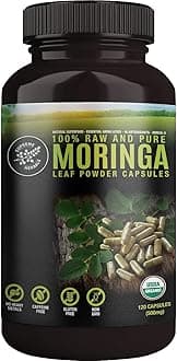 100% Raw and Pure Moringa Leaf Powder Capsules. Organic Certified Moringa Leaf. Natural Superfood with Essential Amino Acids, Antioxidants and Omega 3, 500mg, 120 Capsules.