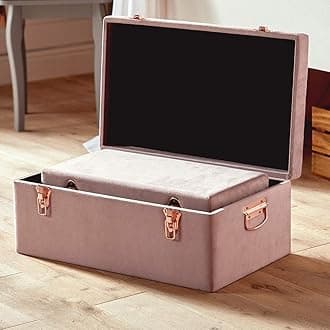 Beautify Storage Trunks, Set of 2 Pink Velvet Finish Storage Chests w/Rose Gold Detailing, Stackable Bedroom Chest Organiser w/Lockable Lids, Sturdy Multi-Purpose Bedding, Blanket & Toy Box
