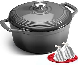 Overmont 26cm/5.2L Enamelled Cast Iron Round Casserole Pot With Lid Cookbook & Cotton Potholders - Non-stick Dutch Oven Cookware for Braising, Stews, Roasting, Bread Baking - Grey, 5.5QT