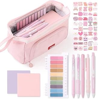 HVOMO Stationery Set,1 large-capacity pencil case,5 quick-drying pens,50 waterproof stickers,2 sticky note pads(200 sheets),1 set of 10-color index labels (200 sheets),Student stationery gift(Pink)