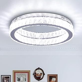 Finktonglan Crystal LED Flush Mount Ceiling Light, 17.7" Modern Round Crystal Ceiling Light, 48W 6000K Cool White, K9 Crystal & Stainless Steel, Low Profile, Non-Dimmable (No Remote)