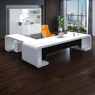 Modern L-Shaped Executive Desk with Drawers and Storage, White, for Home Office