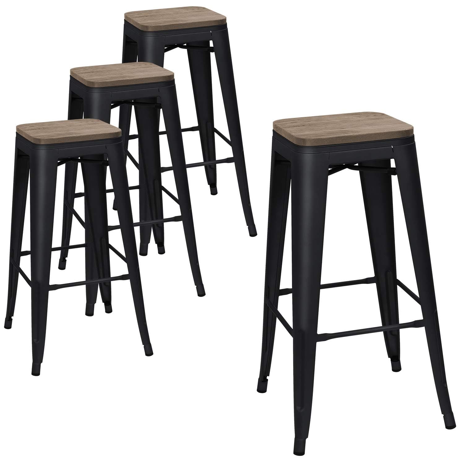 Devoko Metal Bar Stool 30'' Indoor Outdoor Stackable Barstools Modern Industrial Square Wood Top Bar Stools Set of 4 (30 inch, Black)