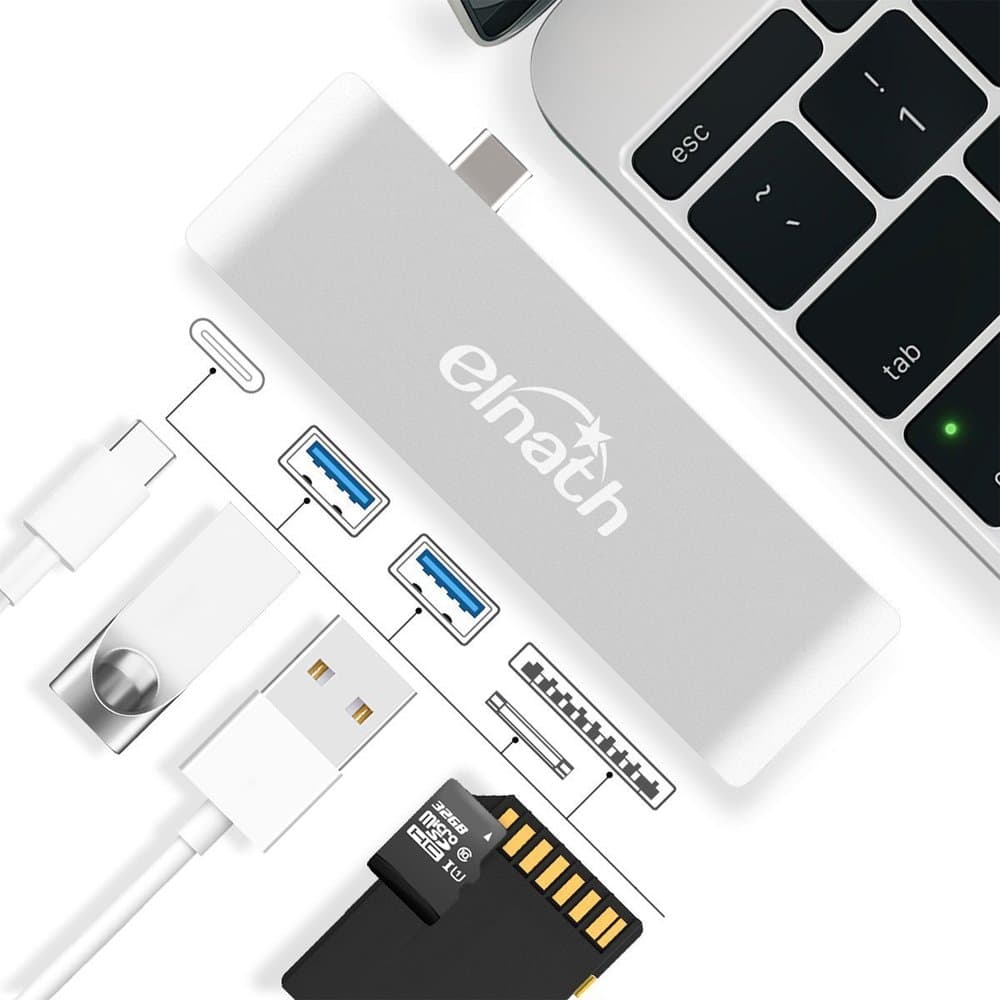 ELNATH USB Type-C Hub Adapter with SD/Micro SD Memory Card Reader 5 in 1 Multiport Combo Dongle, with Pass Through Charging port, for Apple MacBook MacBook Pro iMac with Thunderbolt 3 Chromebook Pixel