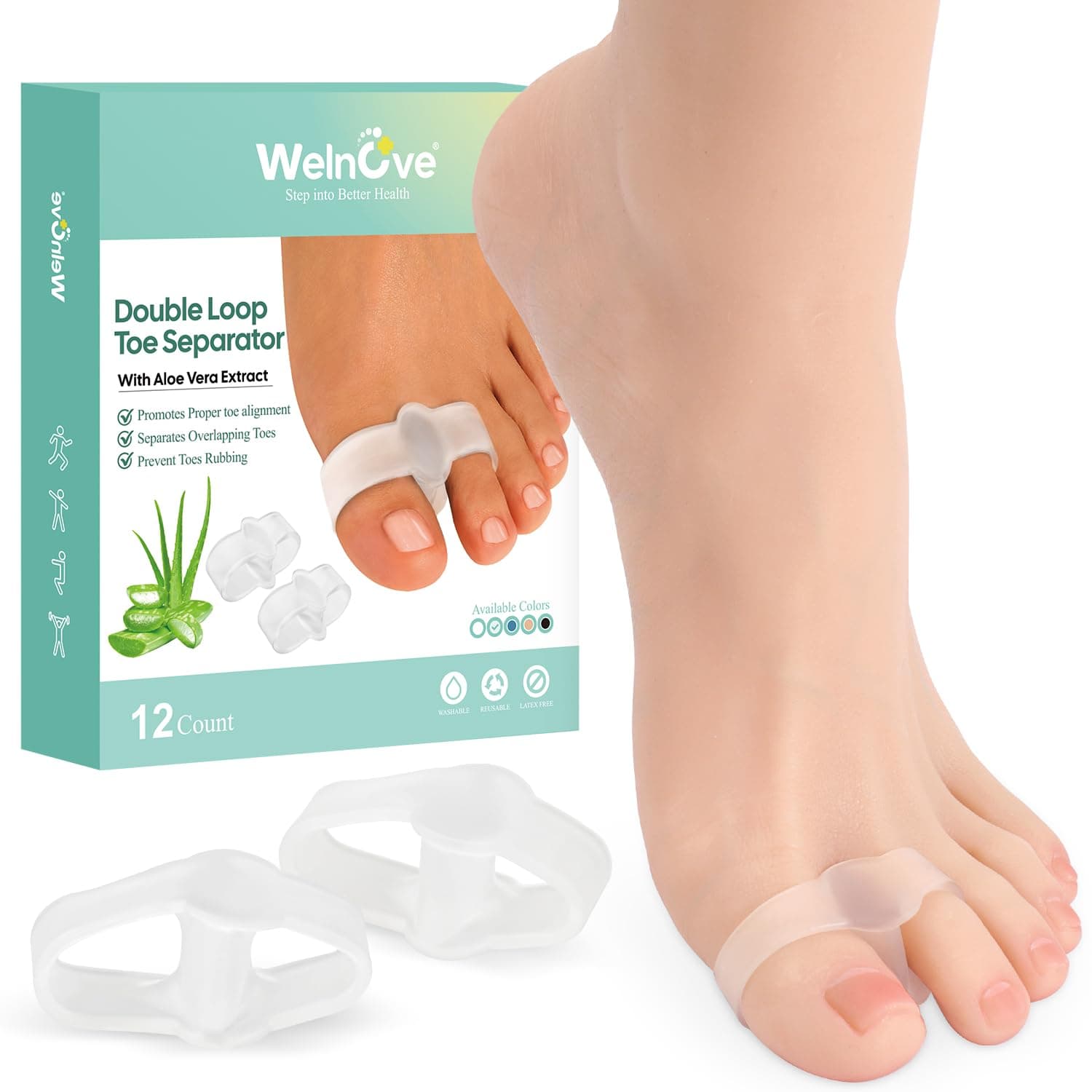 Welnove Pack of 12 Bunion Corrector, Toe Separators with 2 Loops, Big Toe Space Suitable for Bunion and Overlap Toe (Clear)