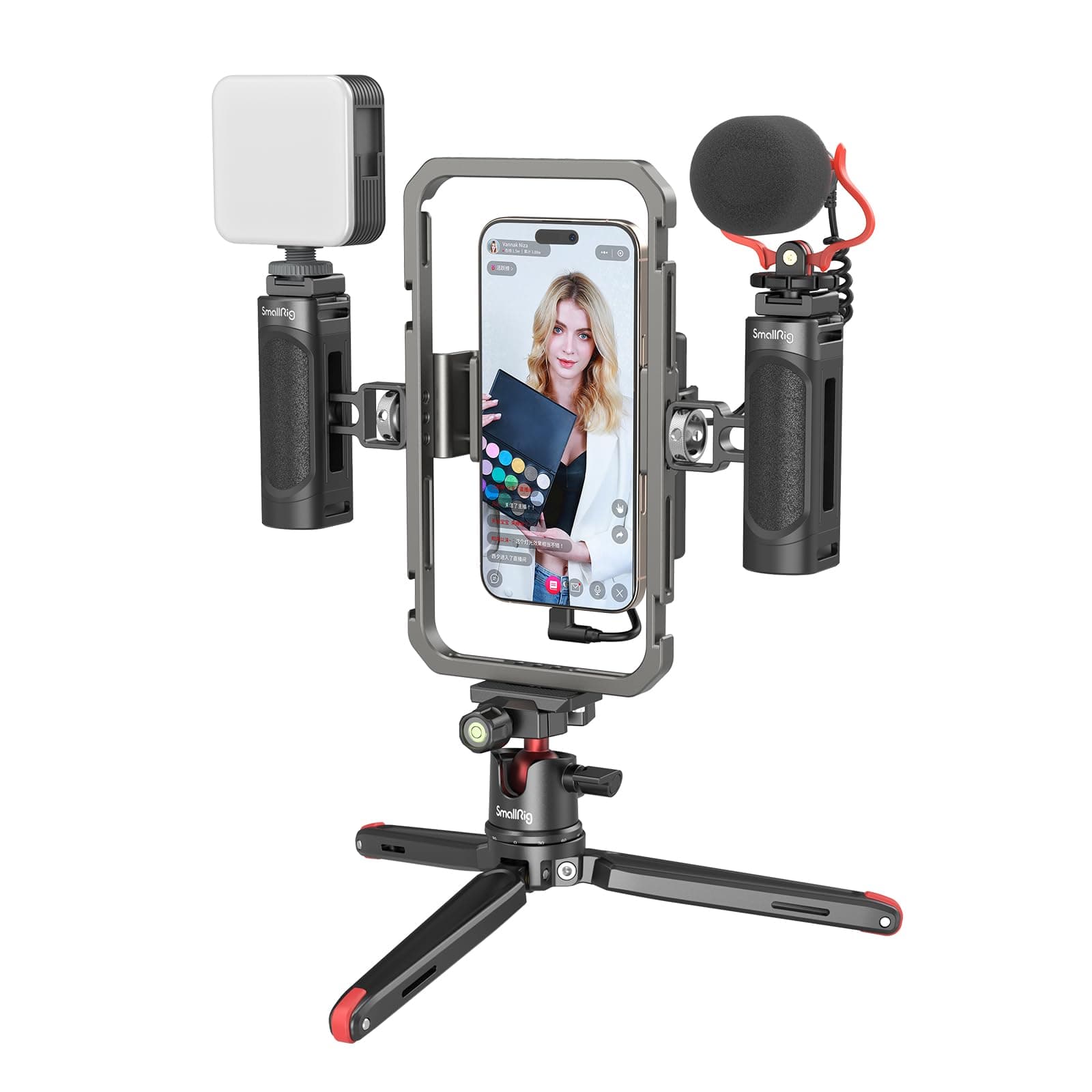Universal Phone Video Rig Kit for iPhone, Smartphone and Cameras, Phone Stabilizer Rig w/Tripod Microphone LED Light Side Handle Power Bank Holderm, for Vlogging & Live Streaming