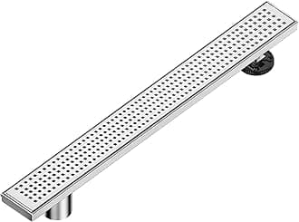 36-Inch Offset Side Outlet Linear Shower Drain with Quadrato Pattern Grate Cover, Brushed 304 Stainless Steel Rectangle Shower Floor Drain, with Leveling Foot, Hair Strainer Catcher