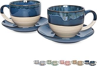 Ceramic Cappuccino Cup and Saucer Set of 2, 10 Oz, Coffee Cups for Latte, Espresso, Tea, Dishwasher and Microwave Safe, Reavtive Glaze (Deep Blue)