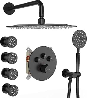 Shower Faucet Set Matte Black Shower System, Bostingner 12" Round Rain Shower Head with Handheld Spray and 4 Body Jets,Can Run Together,3 Way Shower Set with Thermostatic Valve and Trim Kit