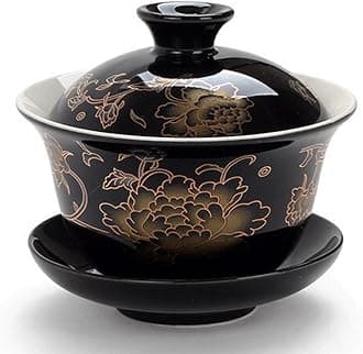 Moyishi Chinese Porcelain Gaiwan Black Peony Flower Tradition Sancai Tea Cup Tea Set Best Gift