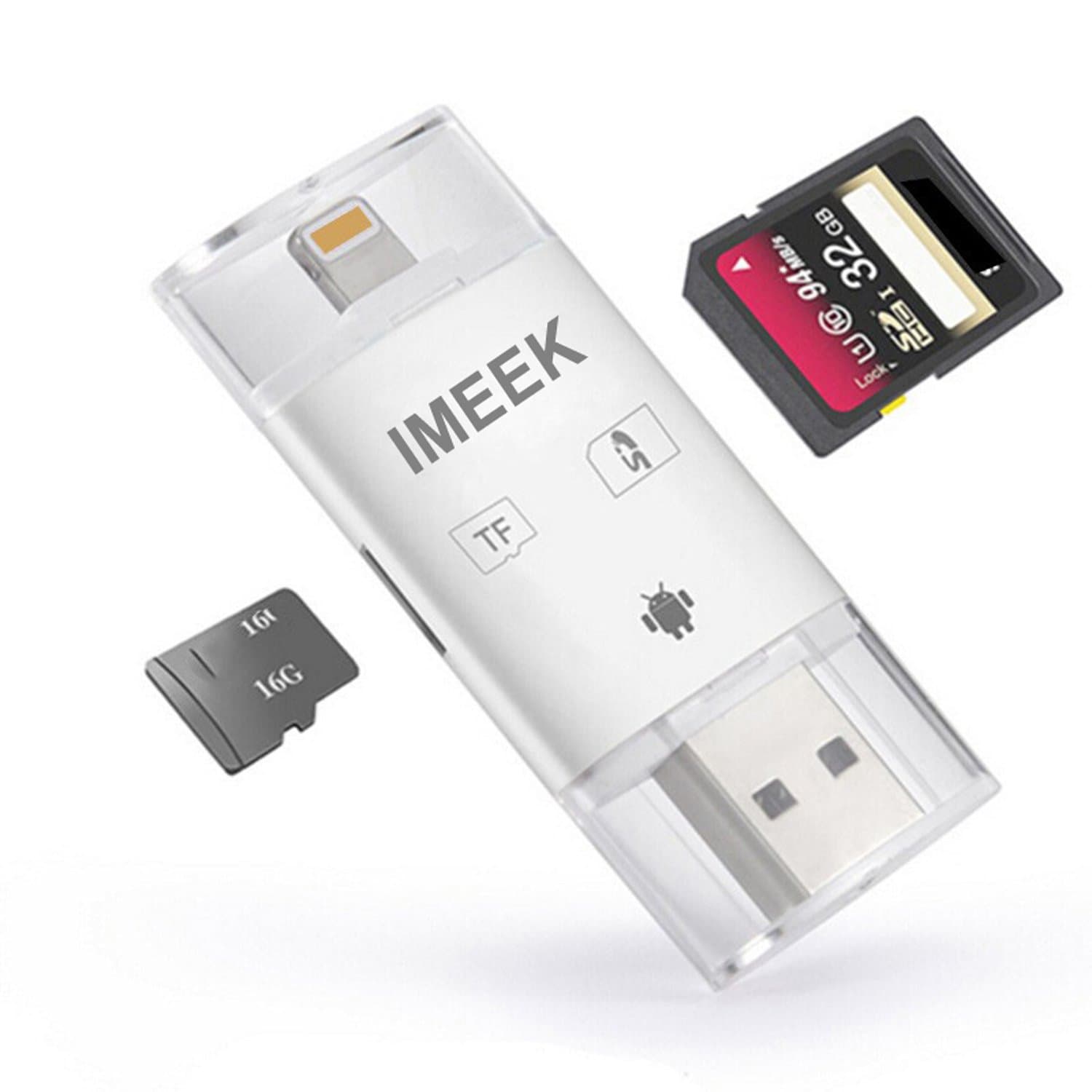 IMEEK SD TF Card Reader with Lightning Micro USB Connector, External Storage Memory Expansion for iPhone/iPad/Android phones/Mac/PC - White