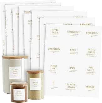 Talented Kitchen 157 Pantry Organization Labels for Food Storage Containers, Preprinted Gold All Caps on Matte White Vinyl Stickers + Numbers for Minimalist Style Kitchen (Water Resistant)