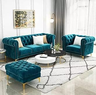 - Modern & Classic 4 Seater Fabric & Valvet Tufted 3+1+1Footrest Chesterfield Sofa for Living Room, Dining Room and Office-(Teal Green).
