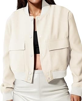 Women's Spring Varsity Bomber Jackets Long Sleeve Cropped Button Down Casual Coat with Pockets Outwear
