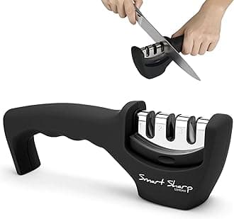 Knife Sharpener 'Smart Sharp' - Professional 3 Stage Manual Sharpener for Sharpening Kitchen Knives - Ceramic Stone, Tungsten Carbide Plates, Diamond rods. Ergonomic Design, Black/Chrome