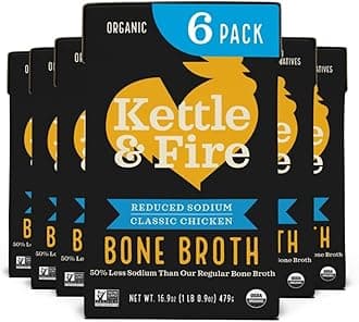 Kettle & Fire and Reduce Sodium Chicken Organic Bone Broth, Keto, Paleo, Whole 30 Approved, Gluten Free, 17g of Protein, Natural Source of Collagen, Pack of 6