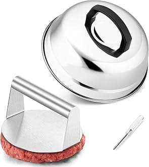 HaSteeL 9In Melting Dome & 7In Burger Press, Round Basting Steam Cover with Stainless Steel Bacon Press, Metal Griddle Accessories for Flat Top Teppanyaki Hibachi Grilling Cooking BBQ, Easy to Clean