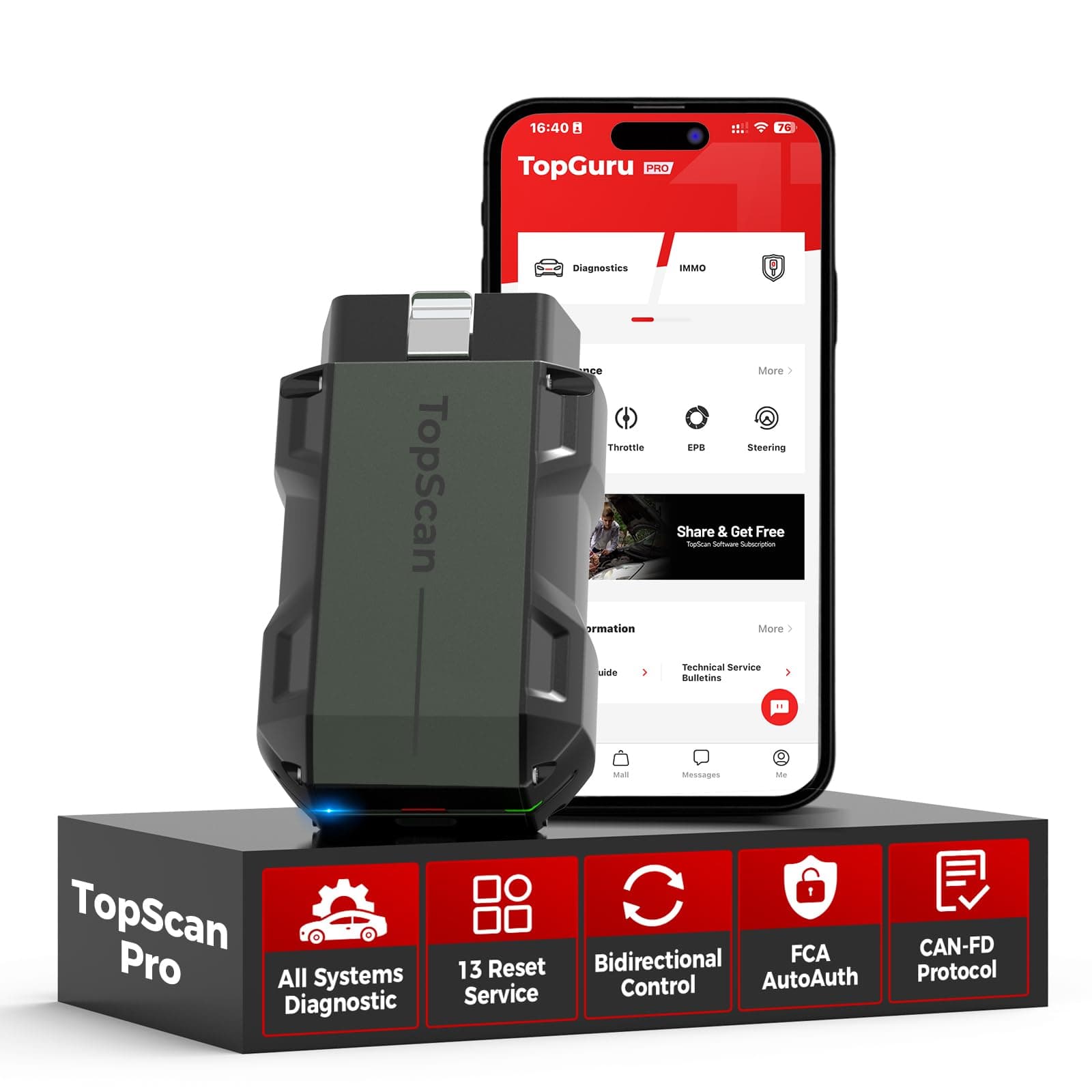 TopScan Pro, OBD2 Scanner Bluetooth for iOS & Android, Diagnostic Scan Tool for All Cars, Car Code Reader with Reset Scanner, 13+ Reset Service, Upgraded Version of Topscan Lite