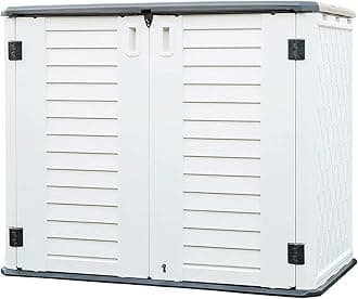 Kinying Outdoor Storage Shed - Horizontal Storage Shed Waterproof for Garden, Patios, Backyards, Multi-Opening Door Convenient Storage Bilke, Garbage Cans, Tools, Lawn Mower, Off-White, 26 Cubic Feet