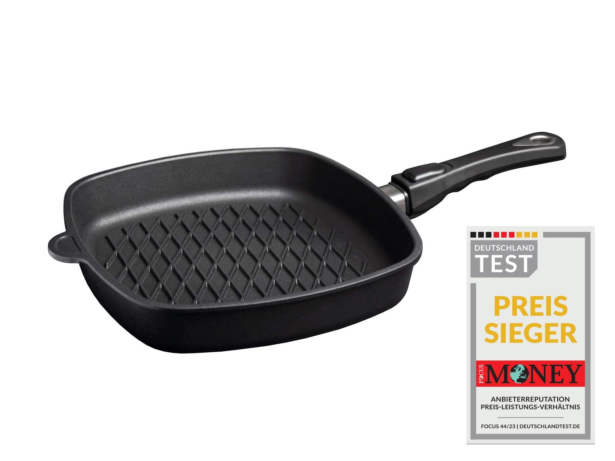 AMT GastrogussRectangular pan with BBQ pattern, 28 cm x 28 cm, 5 cm high, removable handle, cast aluminium, Lotan® non-stick coating for fat- frying, AMZN-E285BBQ-Z20B