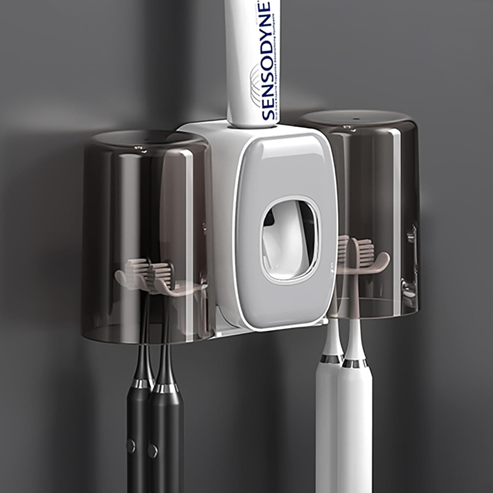 Toothbrush Holder Wall Mounted with Toothpaste Dispenser, Toothpaste Squeezer Kit with 2 Cups, 4 Toothbrush Slots, Space Saving Bathroom Organizer, Easy Installation, (Grey)