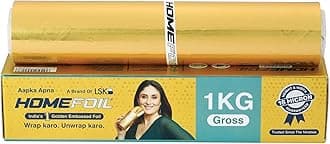 HOMEFOIL 1 Kg Gross Golden Embossed Converted Aluminium Foil | 18 Micron Thickness | Ideal for Food Wrapping, Packing, Storing and Serving | 48.64 Meters Net Guaranteed Length