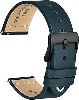 WOCCI 20mm Old-fashioned Watch Band for Men, Top Grain Leather, Black Matte Buckle (Retro Blue)