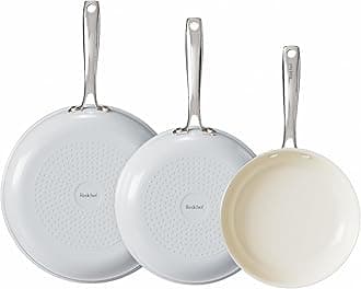RedchefNon Stick Ceramic Frying Pan Set, Non Toxic Ceramic Pans for Cooking, 8" 9.5" 11" Skillet Set, No PFAS & PTFE & PFOA with Stainless Steel Handle, Dishwasher & Oven Safe Max up to 842°F (Grey)