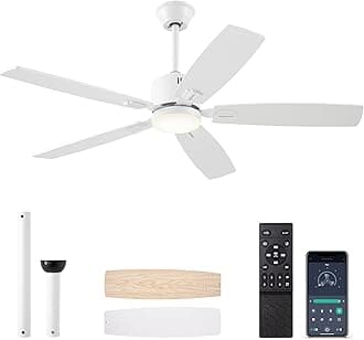 52" Ceiling Fans with Lights, Smart Ceiling Fan with APP and Remote Control, Reversible DC Motor, Noiseless, Stepless Dimmable, Modern Ceiling Fan for Indoor/Outdoor Use, White