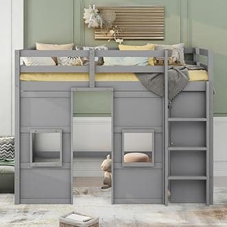 Okak Twin Size Loft Bed Multifunctional Full Bed Frame with Built-in Storage Wardrobe and 2 Windows Loft Bunk Bed with Ladder and Safety Guardrail,Strong Wood Slats Support,Light Grey