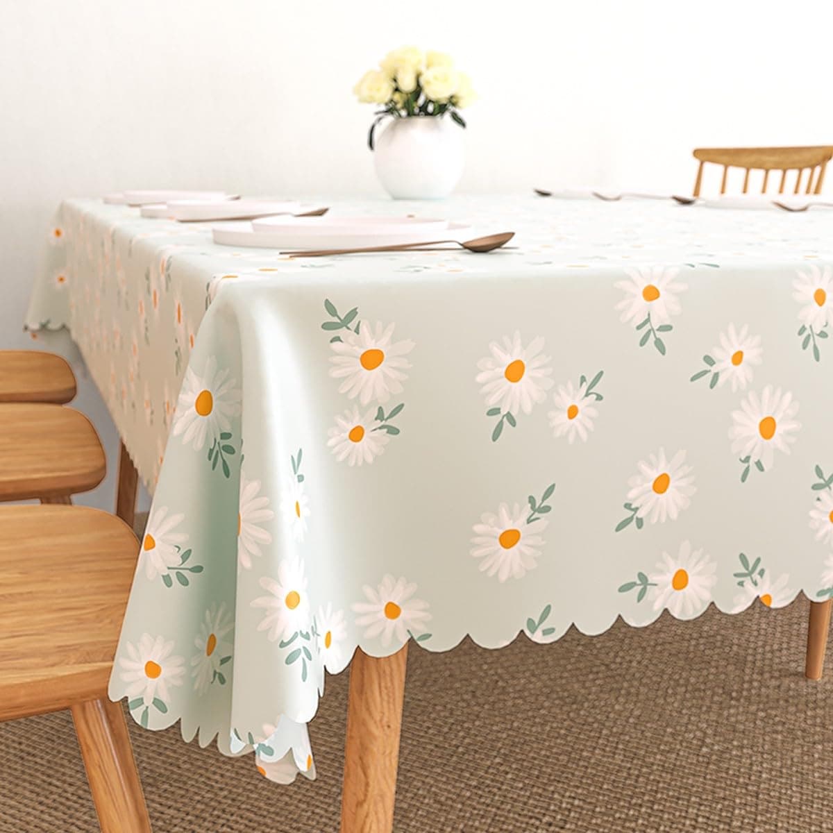 wolpin PVC Dining Table Cover for 4 Seater | Rectangular Waterproof & Oil-Proof Table Cloth | Green Daisy Flower Print | Protective Table Cover for Daily Use at Home, Dining & Centre Table