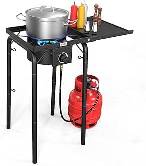 Single Burner Gas Stove with Side Shelf, 100,000BTU Portable Propane Stove with Removable Leg & Regulator for Camping Home Backyard Outdoor Cooking Brewing Canning Turkey Frying