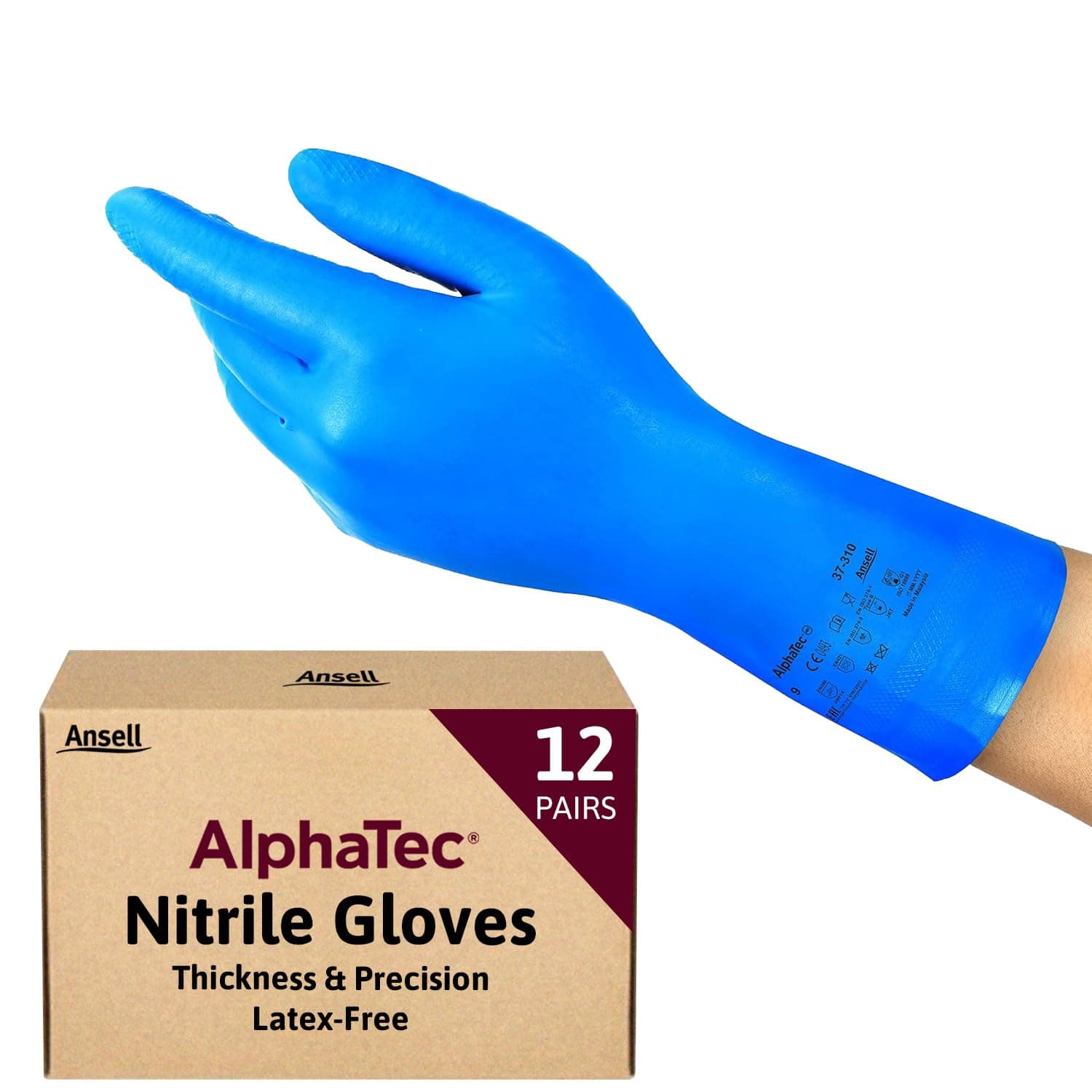 AlphaTec 37-310, Multipurpose Nitrile Gloves, Reusable Gloves, Latex Free Gloves with Chemical Protection, Cooking and Cleaning Gloves, Blue Nitrile Gloves Large, 12 Pairs- Packaging May vary