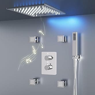 Rainfall Shower Systems with Rain Shower and Handheld, 12 Inch Thermostatic Shower System with 4 Body Jets, Smart Ceiling Mount LED Rainfall Shower System with Music, Luxury Overhead Shower System