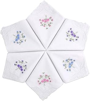 Selected Hanky Women's Cotton Handkerchiefs Flower Embroidered with Lace, Ladies Hankies 6 Pcs - Assorted