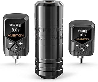 Ambition Torped Wireless Tattoo Machine Kit - Rotary Tattoo Machine Cartridges Short Pen with 2Pcs 2400mAh & 1800mAh Tattoo Power Supply Brushless Motor for Professional Tattoo Artist, Black Kit 2
