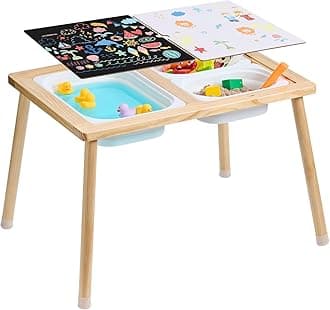 VEVOR Sensory Table for Toddlers, Kids Activity Table with 3 Foldable Storage Bins & Double-Sided Board, Indoor/Outdoor Play Sand and Water, Wooden Kids Sensory Table for Drawing Studying Dining