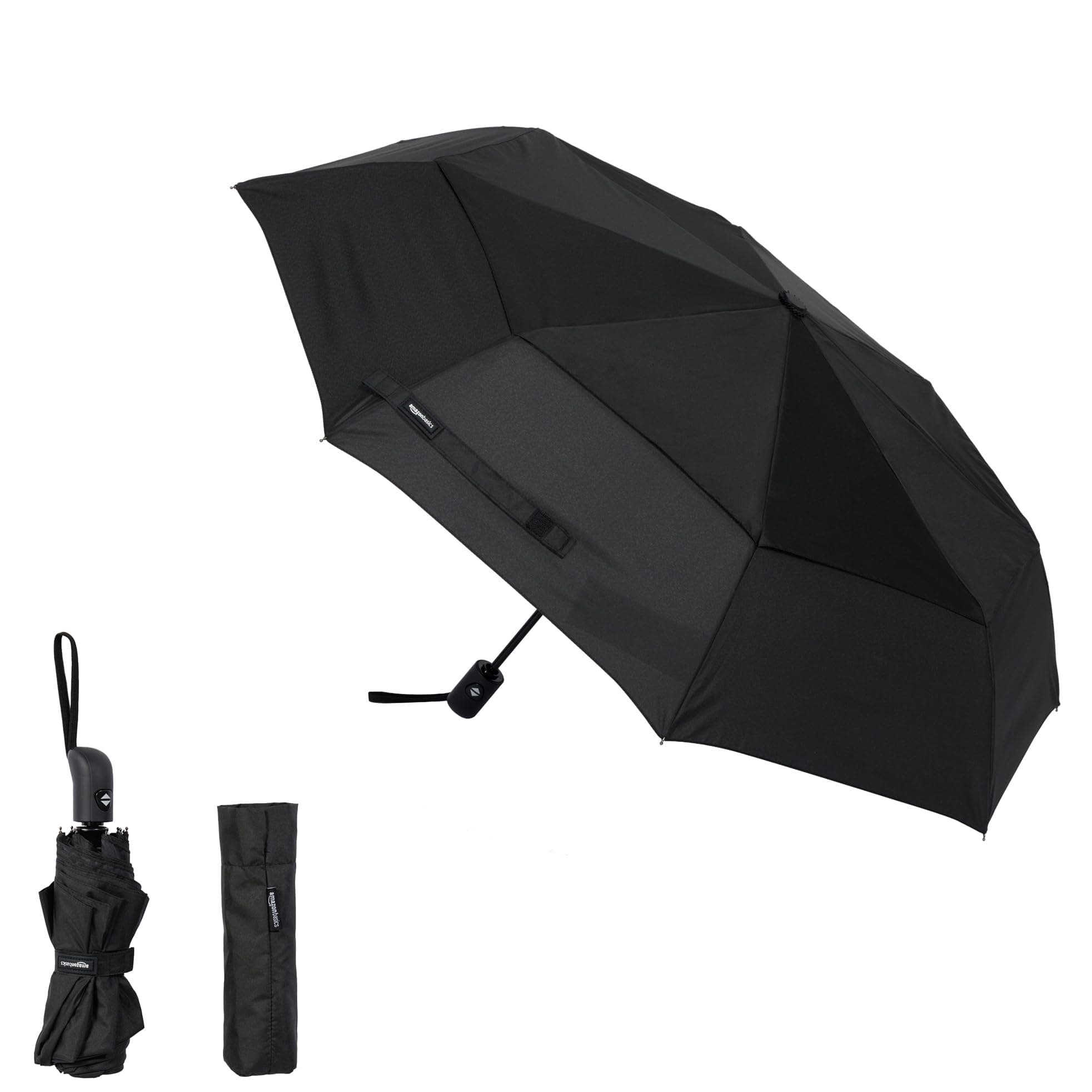 – Round Automatic Travel Compact Umbrella Windproof Strong, with Wind Vent, Black, One Size